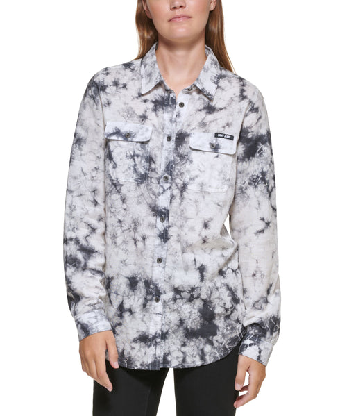 DKNY Jeans Womens Linen Blend Printed Button-Down Top
